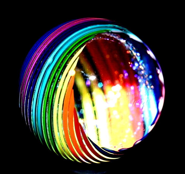 JAMES ALLOWAY GLASS MARBLE/1.328″-DICHROIC RAINBOW VORTEX #3510-YELLOW,LIME++