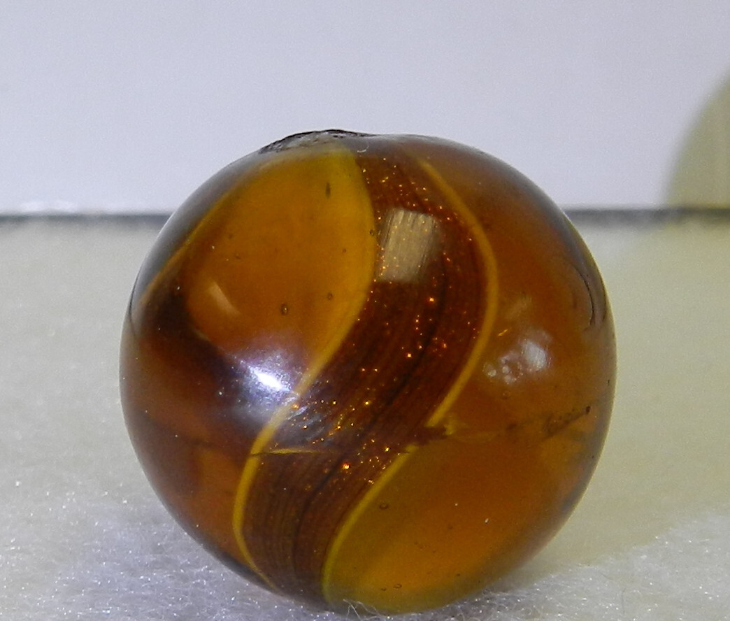 #18549m Large .77 Inches Vintage German Handmade Amber Glass Ribbon Lutz Marble