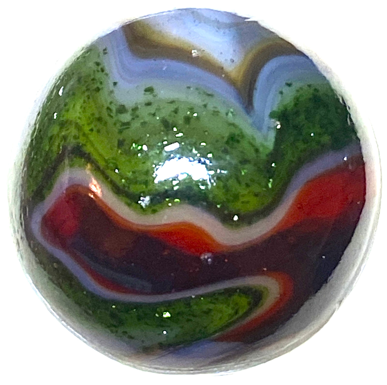 WOW AVENTURINE & GLAZED CANDY APPLE GLASS SWIRLED SHOOTER .69″ MZ141