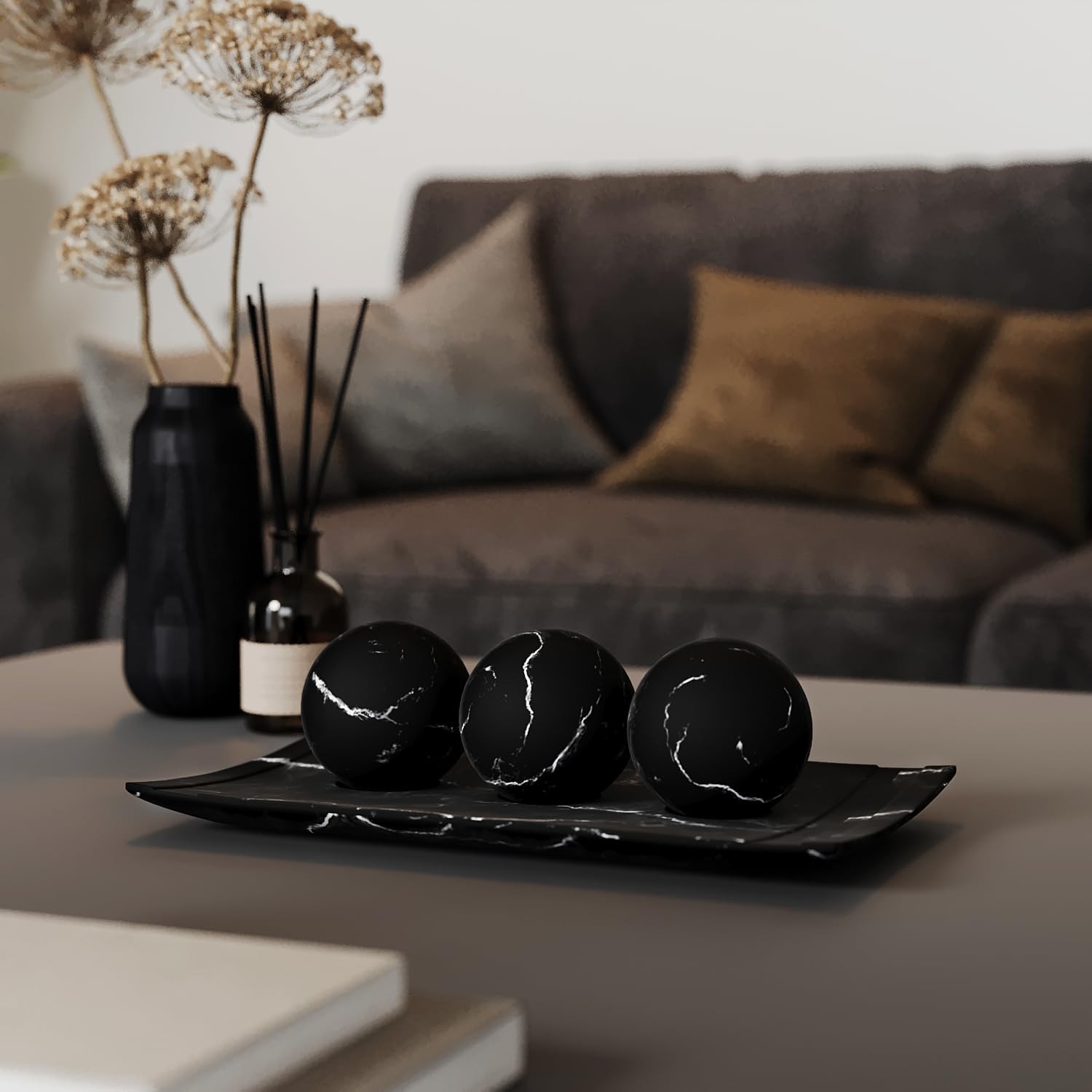 Creative Scents Black Marble Look Home Decor Bowl and Orb Set Coffee Table Decor