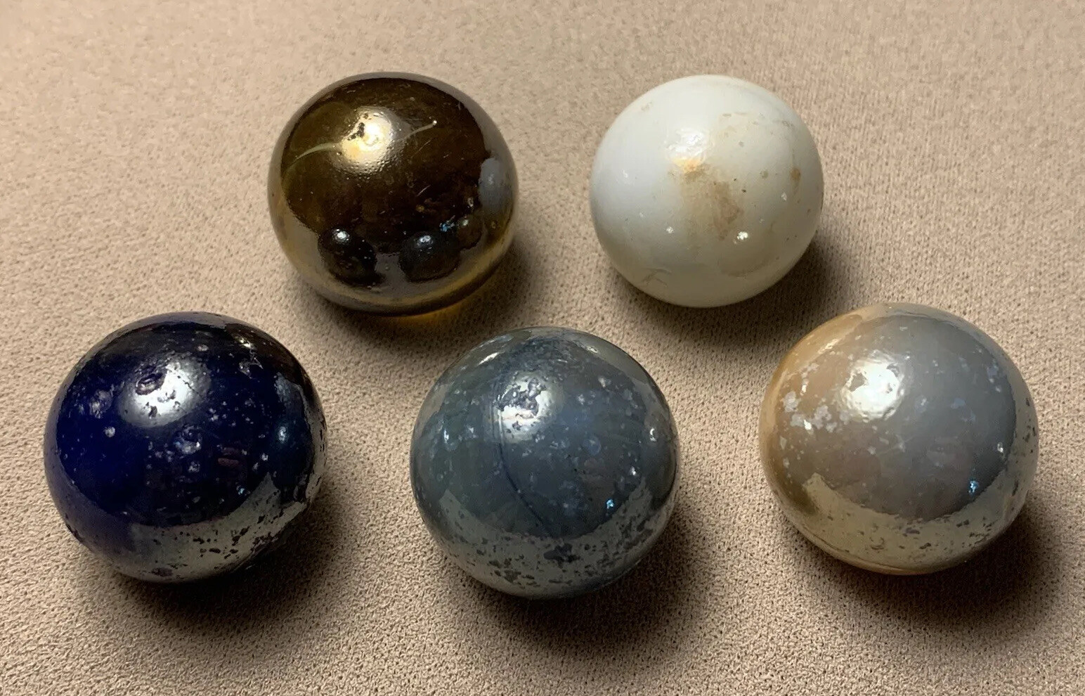 5 Vtg Vacor Blue White Gold Iridescent Transparent Shooter Marble Job Lot 1.019”