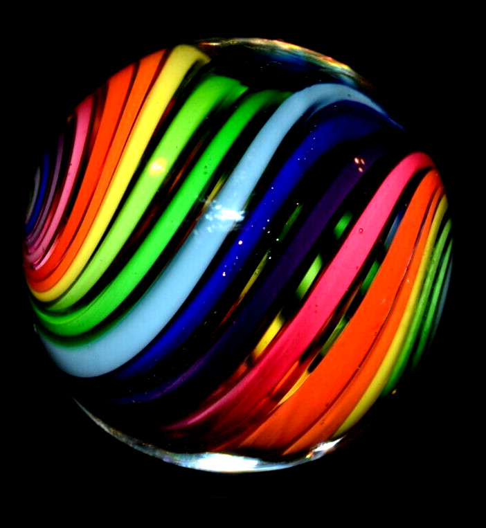 EDDIE SEESE GLASS MARBLE/1.493″-RAINBOW COBALT DICHROIC STRIPE-PERSIMMON,YELLOW+