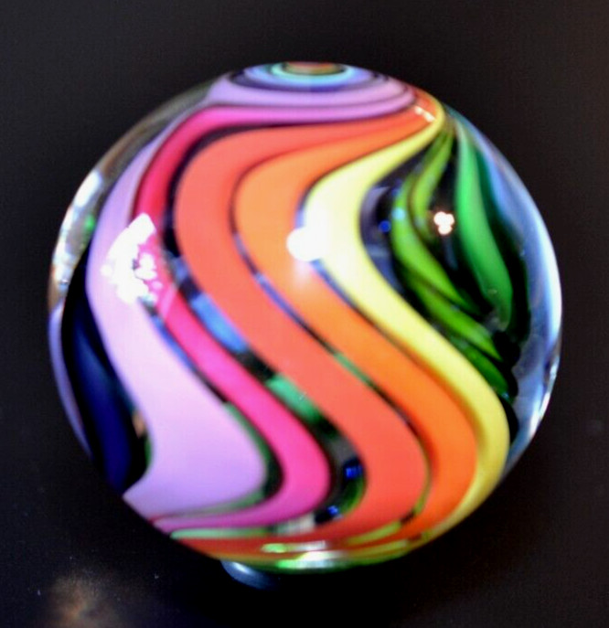 EDDIE SEESE GLASS MARBLE/1.998″-RAINBOW DRT w/FILIGRANA CANE-MAGENTA,LIME,VIOLET