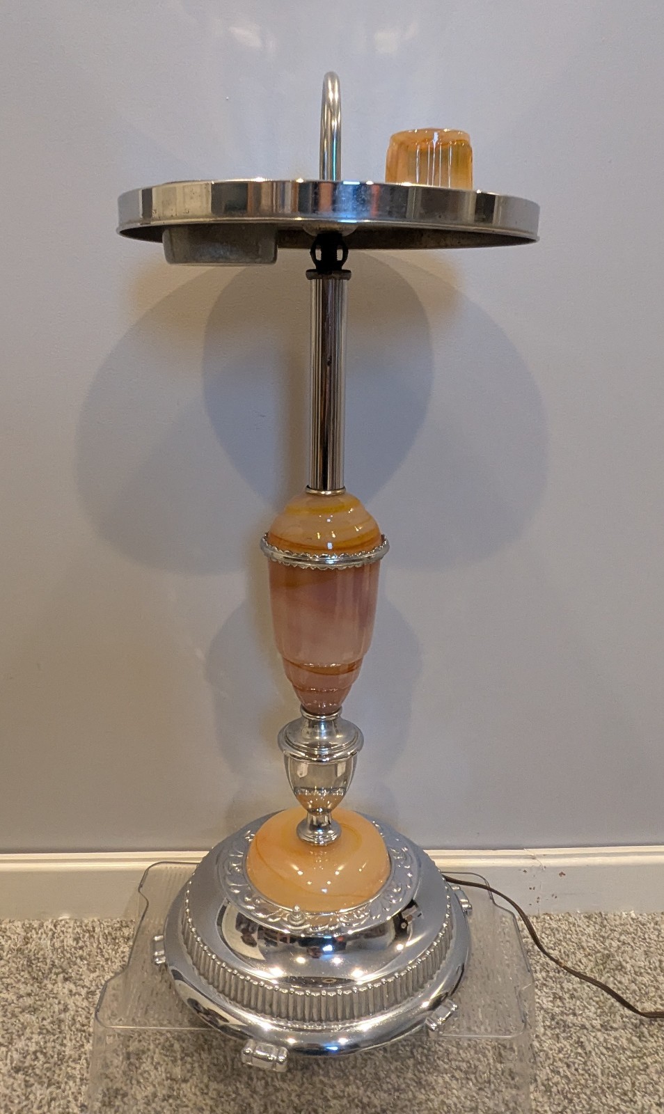 Ever Brite Akro Agate Chrome Lighted Cigarette Smoking Stand Cadmium Swirl READ