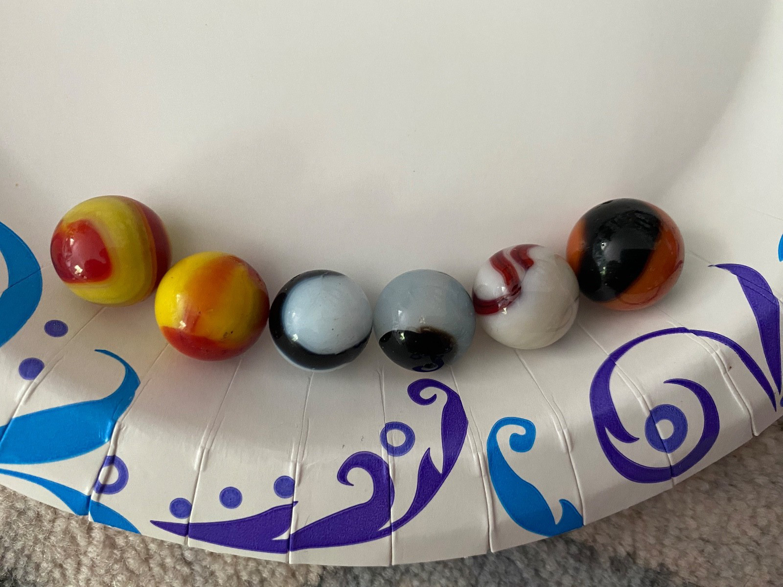 Six antique Marbles Two Color Corkscrew Patch Swirls (yellow orange) Two-colored