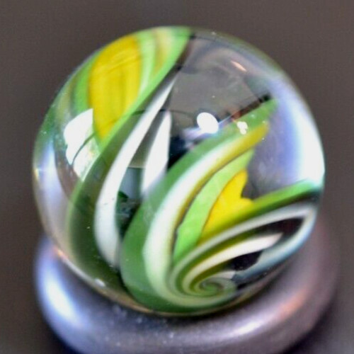 BRYAN TRILLAS GLASS MARBLE/.597″-GREEN ZEBRA BLACKLIGHT-OLIVE,YELLOW, LIME, BLK+