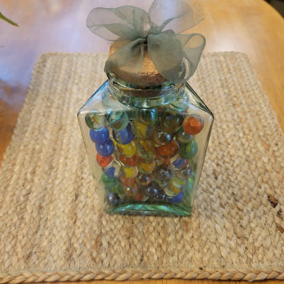 Vintage Glass Jar Is Filled With An Assortment Of VTG Marbles