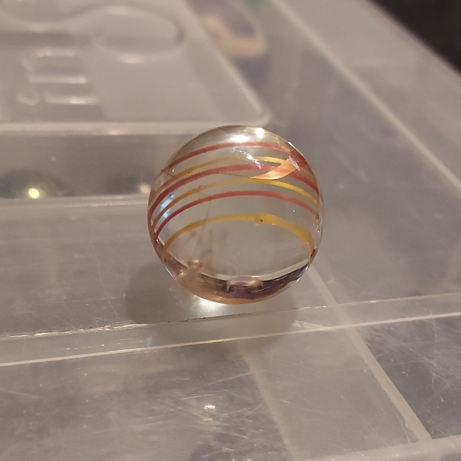 Clear Glass Swirl Toy Marble – Red Orange Yellow Ribbon Stripes, Ages 4+