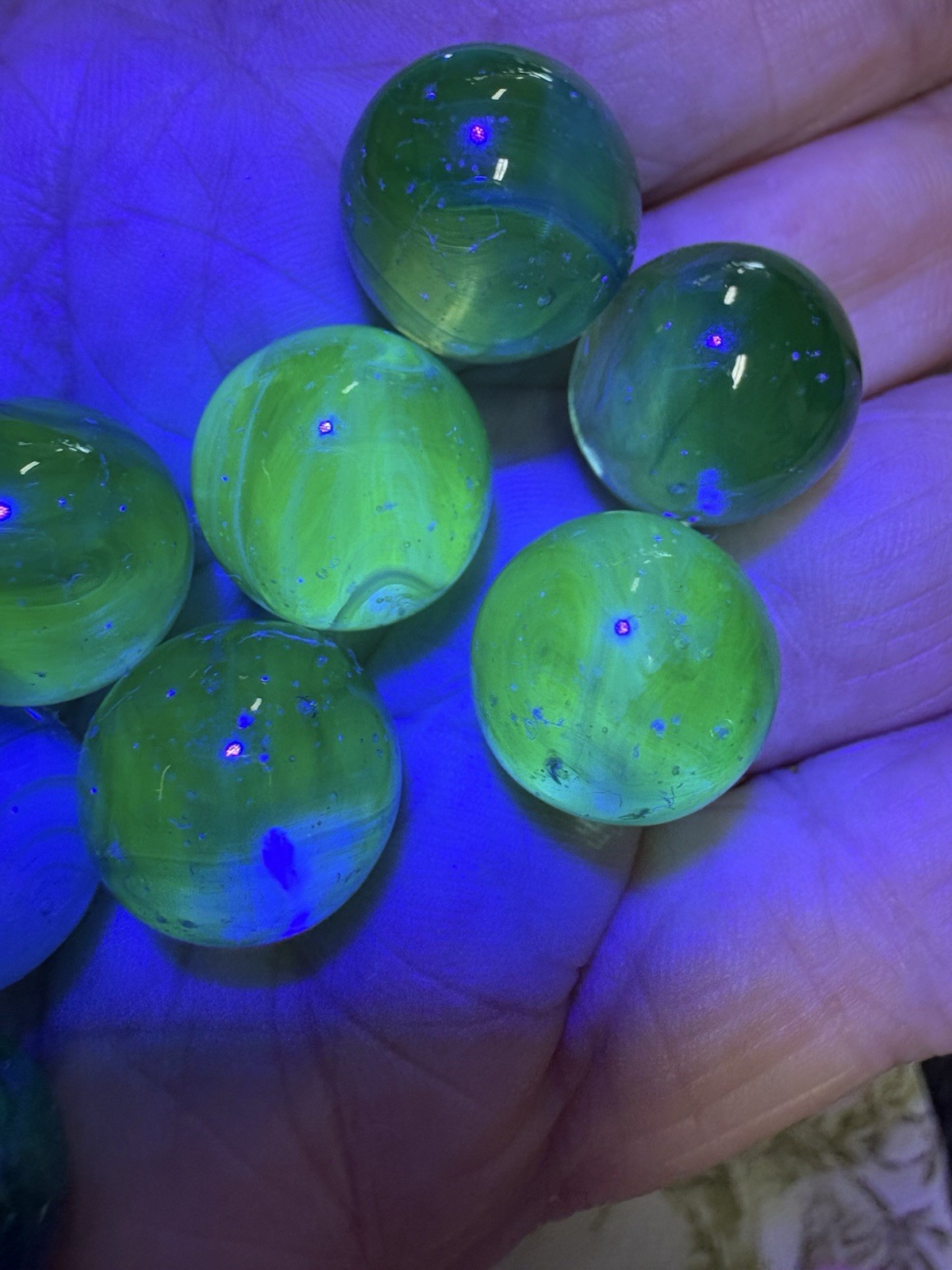 Lot of 10 Blue Marbles Glow Green Under UV Reactive Glass Uranium Glass
