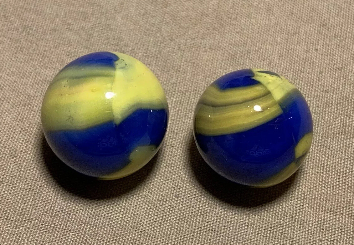 2 Vtg Marble King Cub Scout Blue & Yellow Rainbow Blended Glass Marbles 0.662”