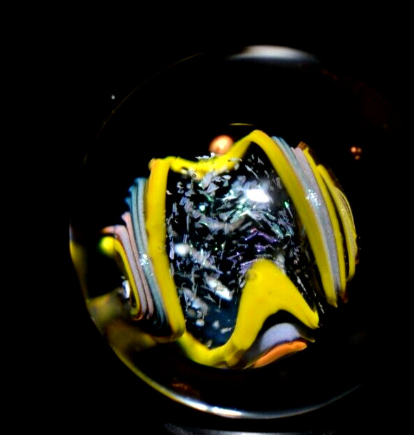 MIKE WARREN GLASS MARBLE/1.153″-TRIPLE ABALONE-PINK,EGGPLANT,GOLD,DICHROIC+