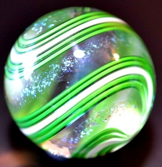 JAMES ALLOWAY GLASS MARBLE/1.249″-LIME DICHROIC SWIRL#3158-DICHROIC SAPPHIRE +