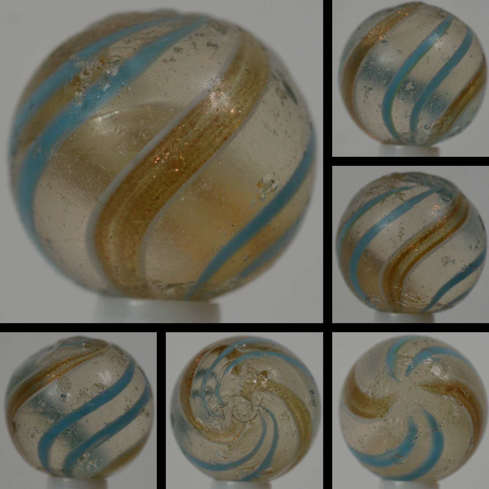 Handmade Aqua Banded Lutz Marble, 25/32 in, Good+, Chip, Germany 1860-1920 S1234