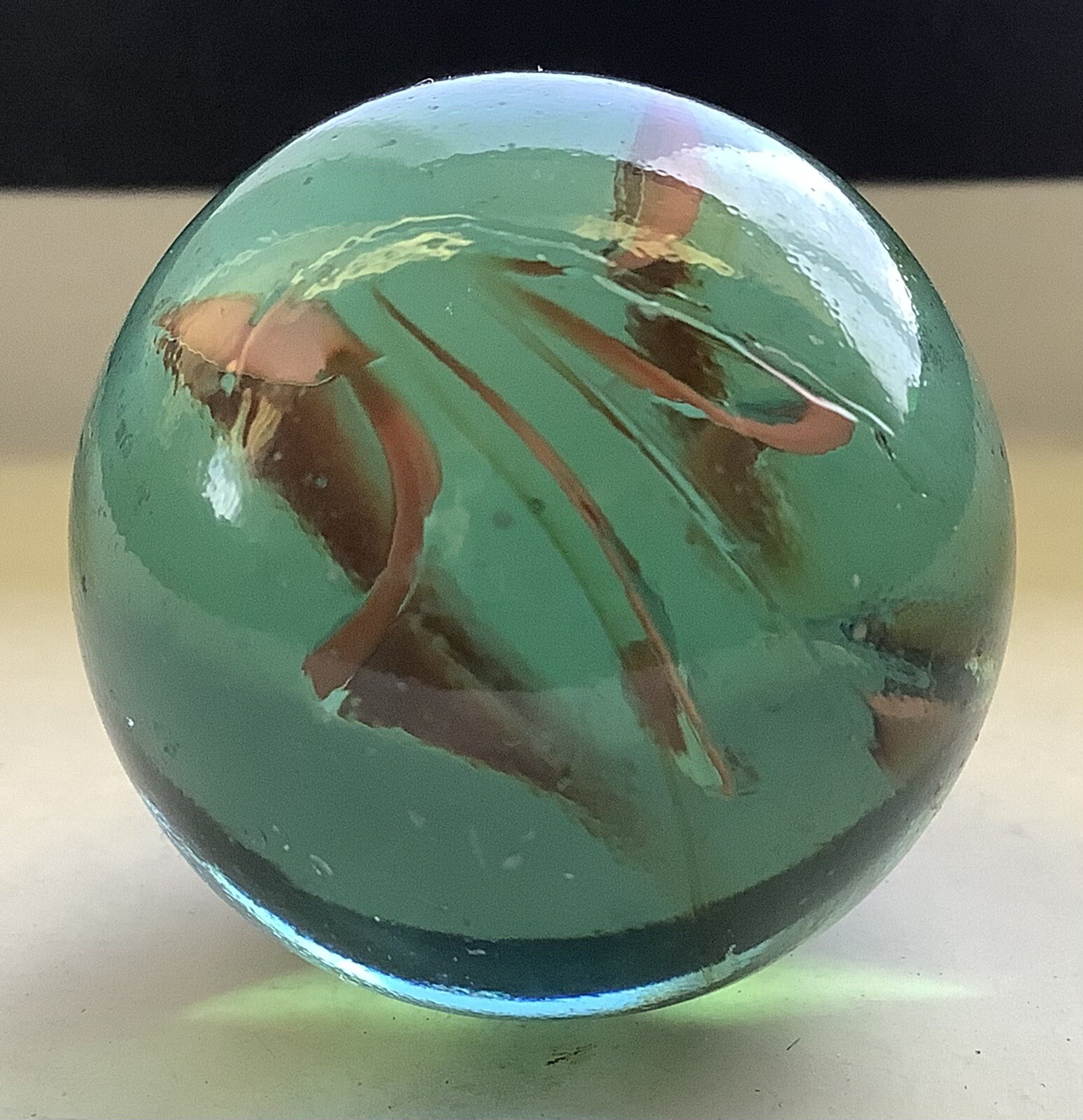 Vintage Estate Large 6 Vein Rust Red Color In Aqua Glass Shooter 1” Marble