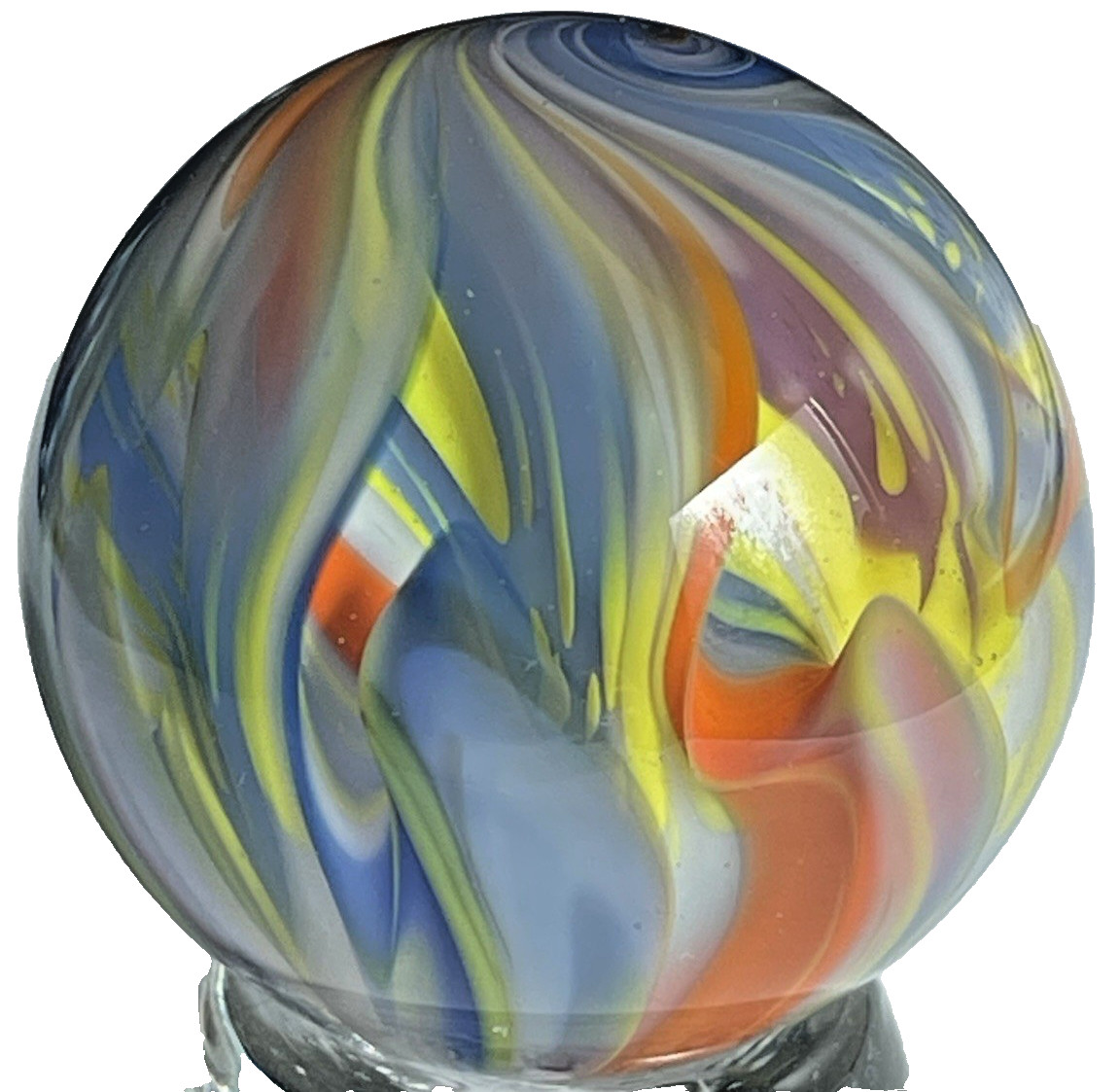 2014 RICK DAVIS MARBLE HANDMADE GLASS ART 1.48″ ORANGE BLUE PURPLE YELLOW MIX