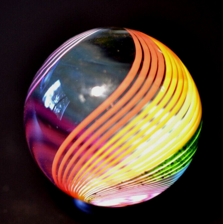 JOHN GIBBONS GLASS MARBLE/1.650″-24 RIBBON RAINBOW SWIRL-CRIMSON,GR. LUTZ,TURQ +