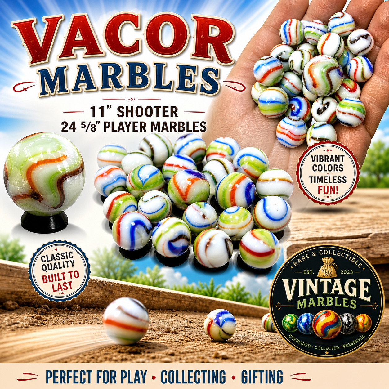 Vacor 25 Tie Dye Marble Set 24 Players 5/8″ + 1 Shooter 1″ Game Marbles