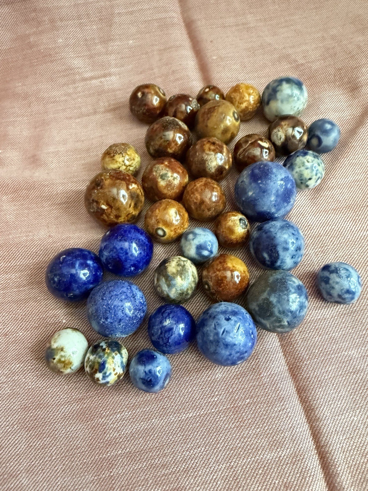Bennington Marbles 33 Piece Lot Blue Brown Fancy Salt Glazed Clay