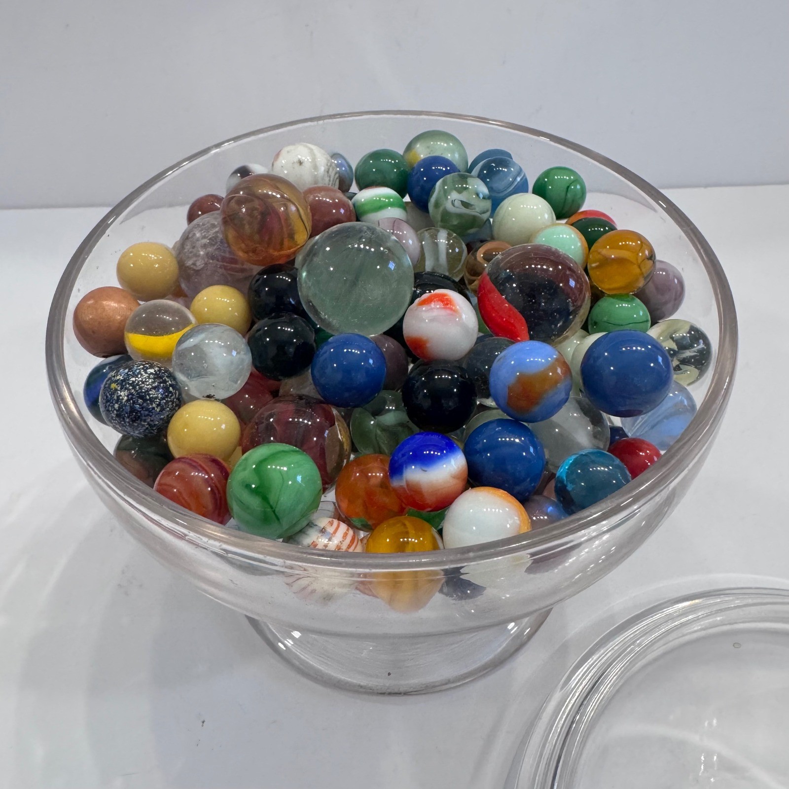 Glass Candy Dish Jar with Lid and Colorful Vintage Marble Assortment