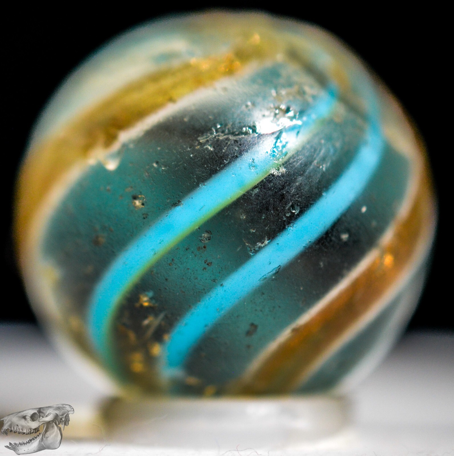 Handmade Aqua Banded Lutz Marble, 25/32 in, Good+, Chip, Germany 1860-1920 S1234
