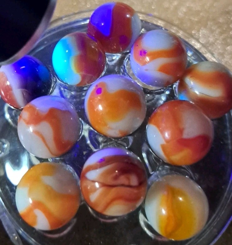 Lot Of 11 Estate Sale Marbles 3 UV Reactive Oranges & Browns