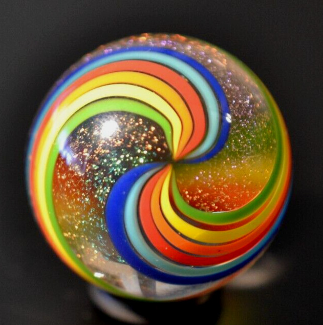 JAMES ALLOWAY GLASS MARBLE/1.236″-DICHROIC DOUBLE SWIRL #3560-LIME,YELLOW,ORANGE