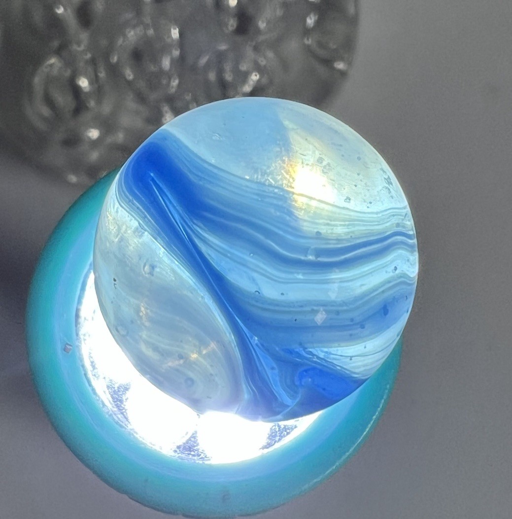 Vitro, Kokomo, Peltier? Shooter Sized Marble Exotic Blue White Patch Vintage