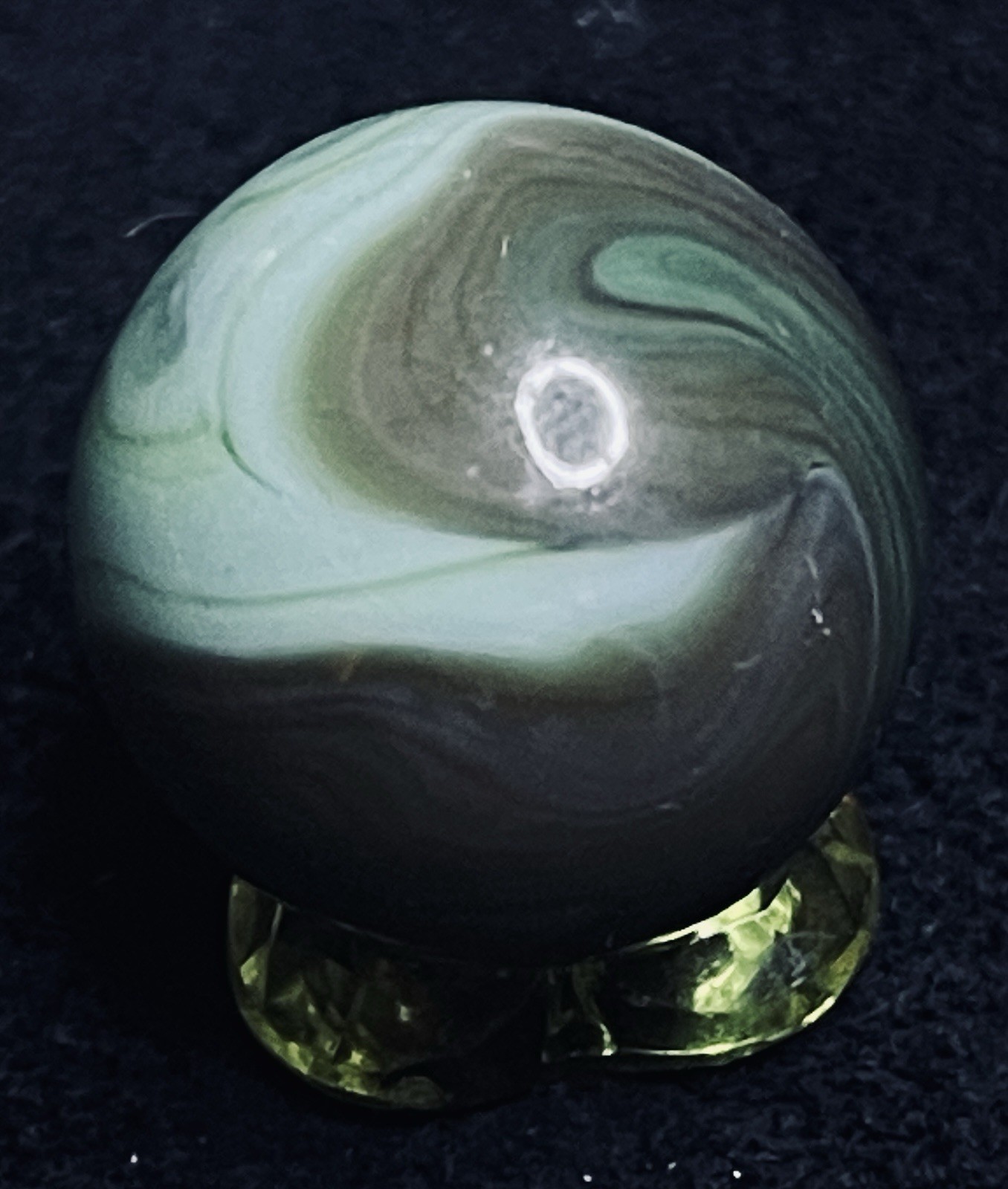 Master Marble Vintage .885” HTF Swirl Shooter. Earthy Greens, Browns & Purple.