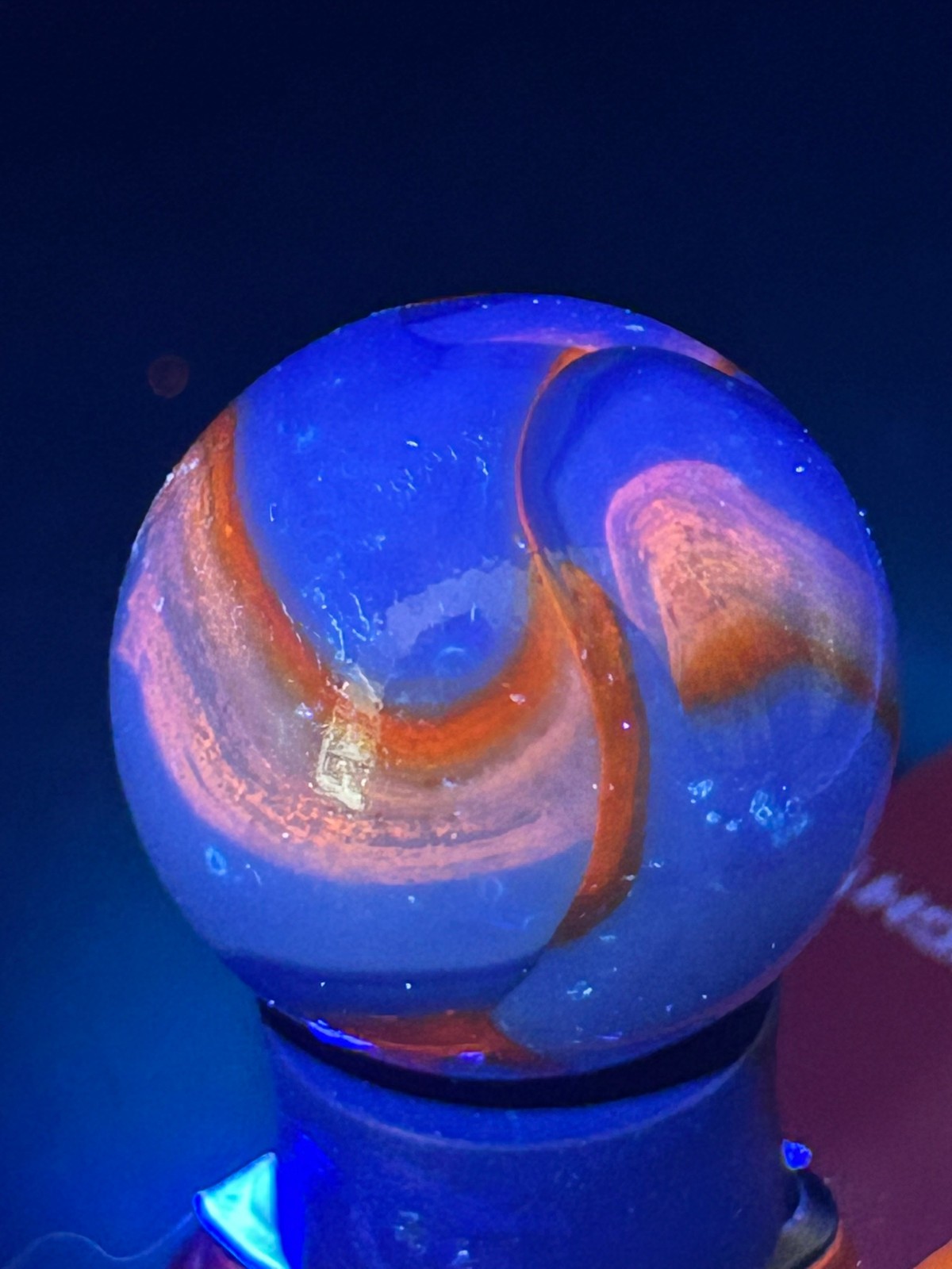 Christensen Agate Co Flame Swirl Marble Cobalt Blue & Orange UV+ .99″ Mint SH31