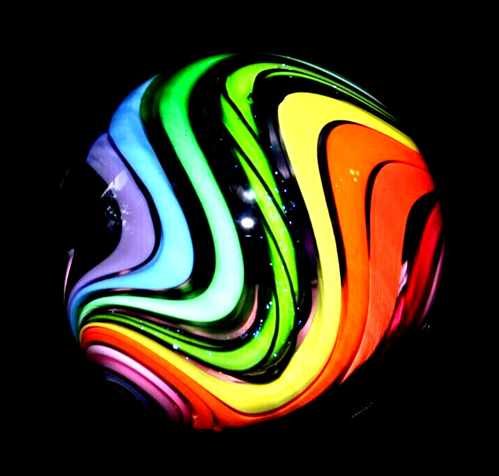 EDDIE SEESE GLASS MARBLE/1.998″-RAINBOW DRT w/FILIGRANA CANE-MAGENTA,LIME,VIOLET