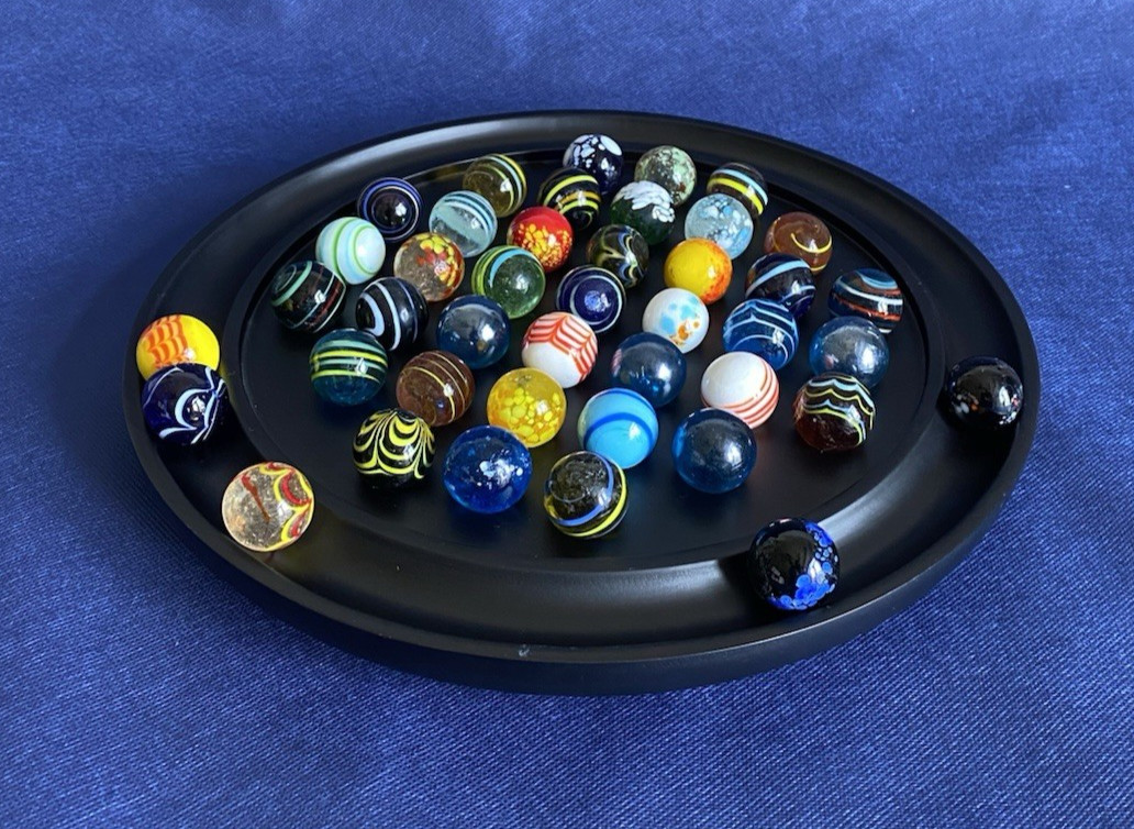 Solitaire Di Venezia Hand Blown Glass Marbles 42 w/Black Wood Base Board