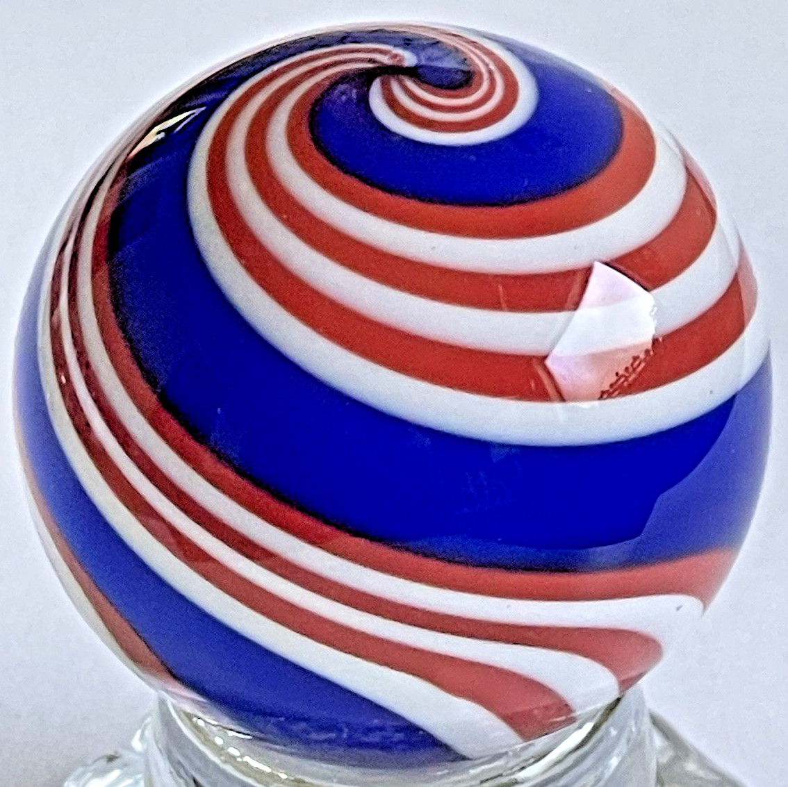 04 STEVE DAVIS SIGNED MARBLE HANDMADE GLASS ART RED WHITE & BLUE PATRIOTIC SWIRL