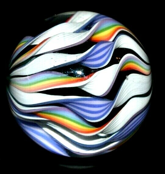 BRYAN TRILLAS GLASS MARBLE/1.331″-14 CANE RAINBOW FILIGRANA-BOULDER LAVENDER,RED