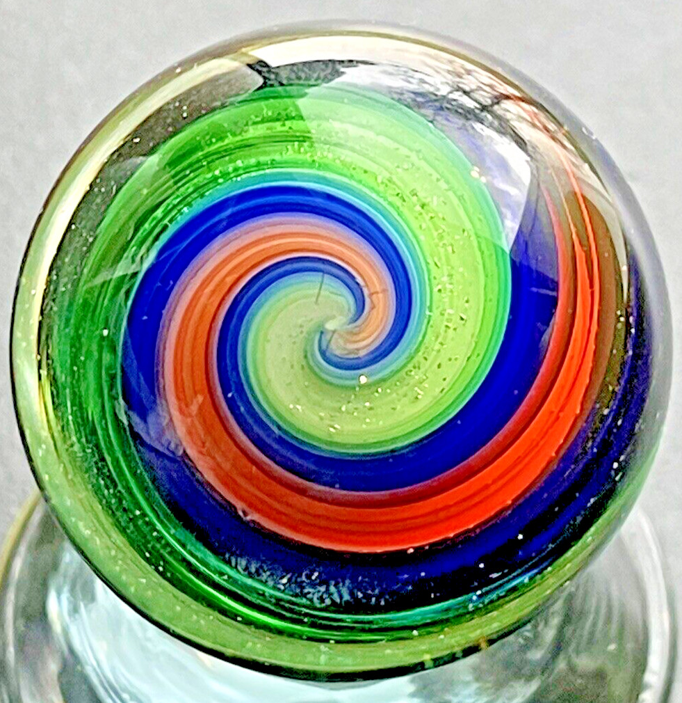EDDIE SEESE MARBLE ART HANDMADE GLASS GREEN DICHROIC DOUBLE TWIST 1.43” FES 16