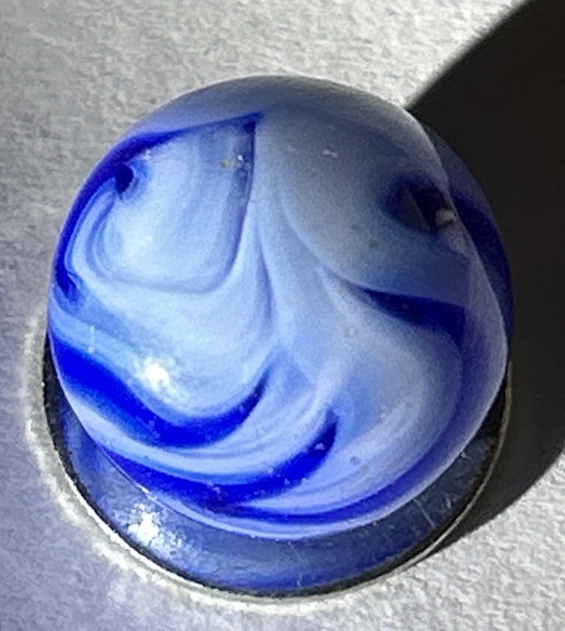 Vintage Akro Agate Peltier Art Blue Flames Swirl Glass Marble .61” White 16mm