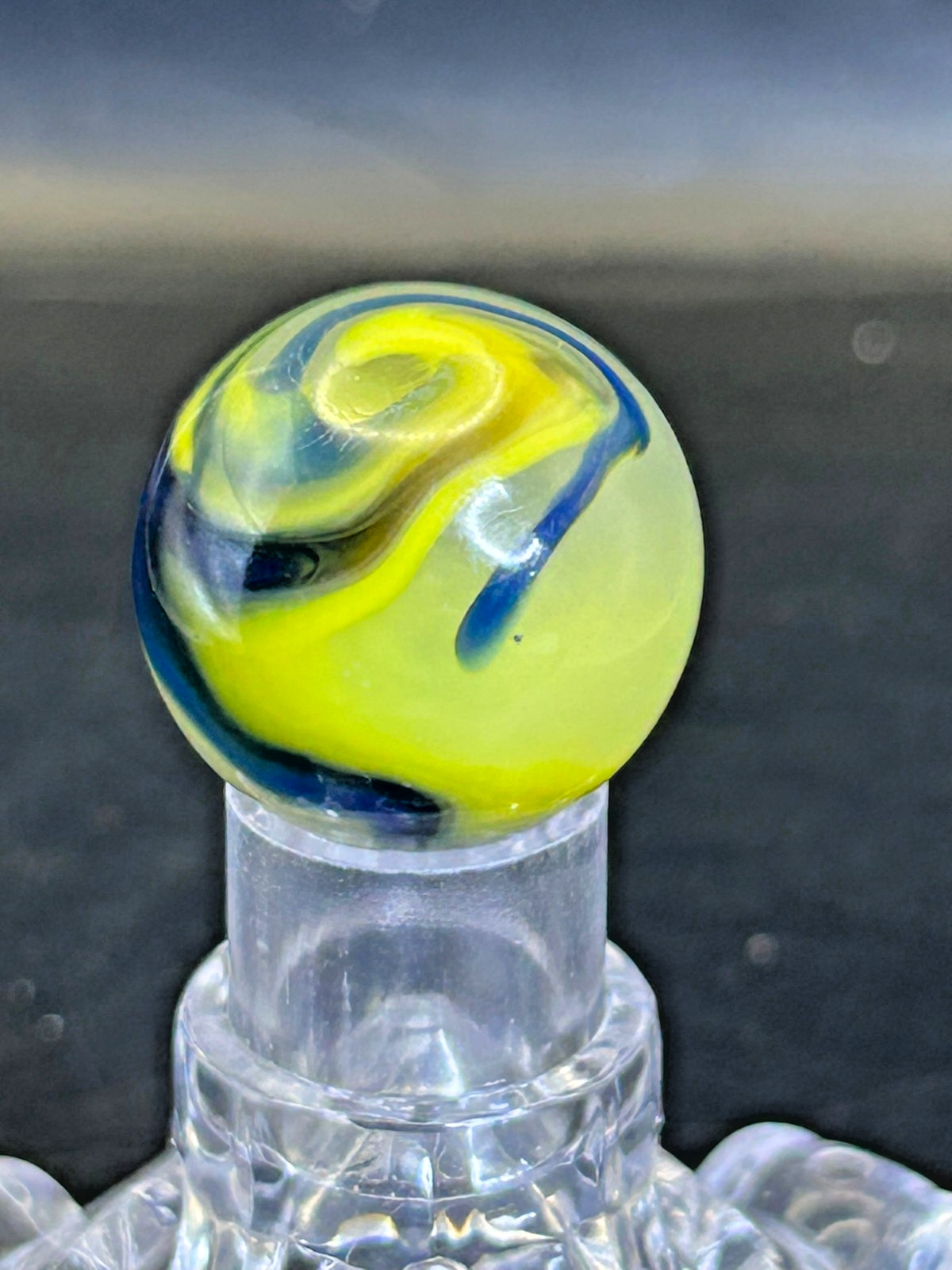 Vintage Akro Agate Blue Oxblood “Egg Yolk” Popeye Marble, .87″, Wet Mint, #OB1
