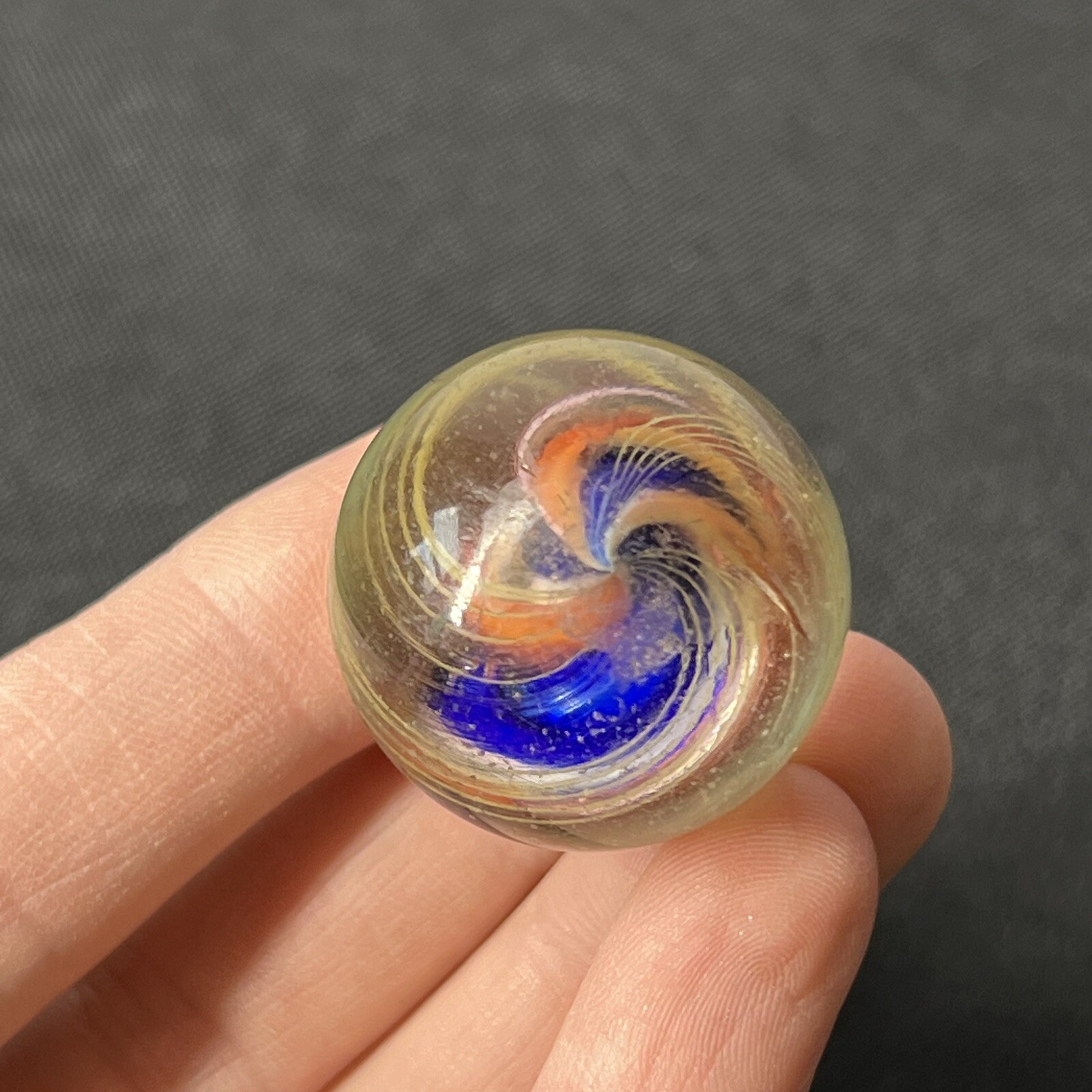 Vintage German Handmade Solid Core Swirl Marble 1.1” Blue Orange Swirl