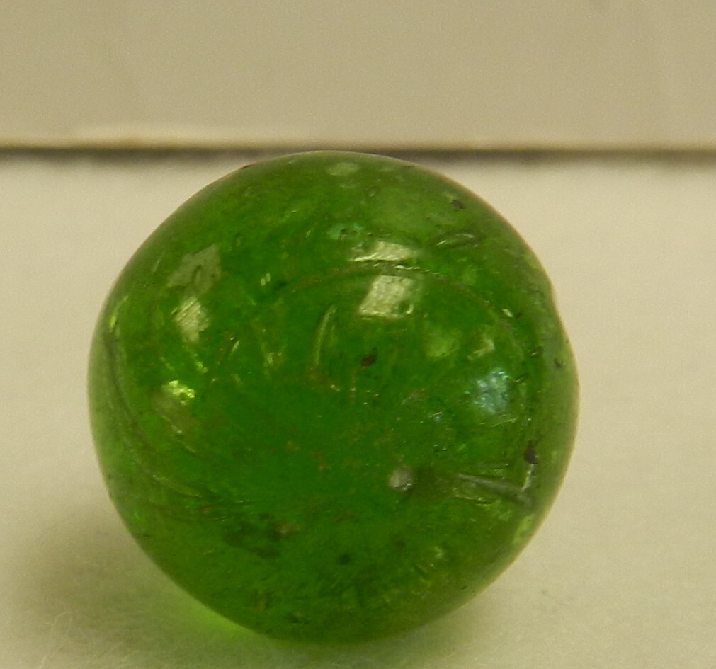 #18398m Vintage German Handmade Green Glass Mica Marble .64 Inches