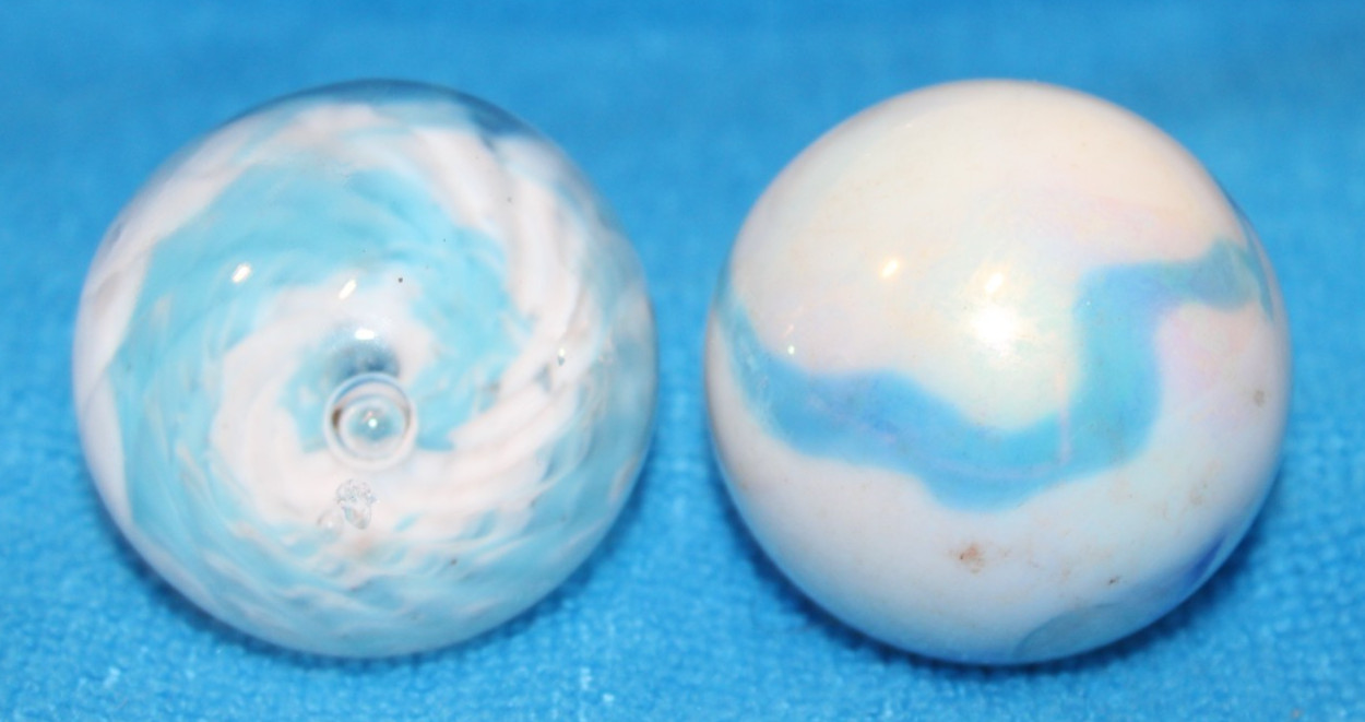 Two Large 2″ (50 mm) Marbles — (Swirling Blue & White Marbles)
