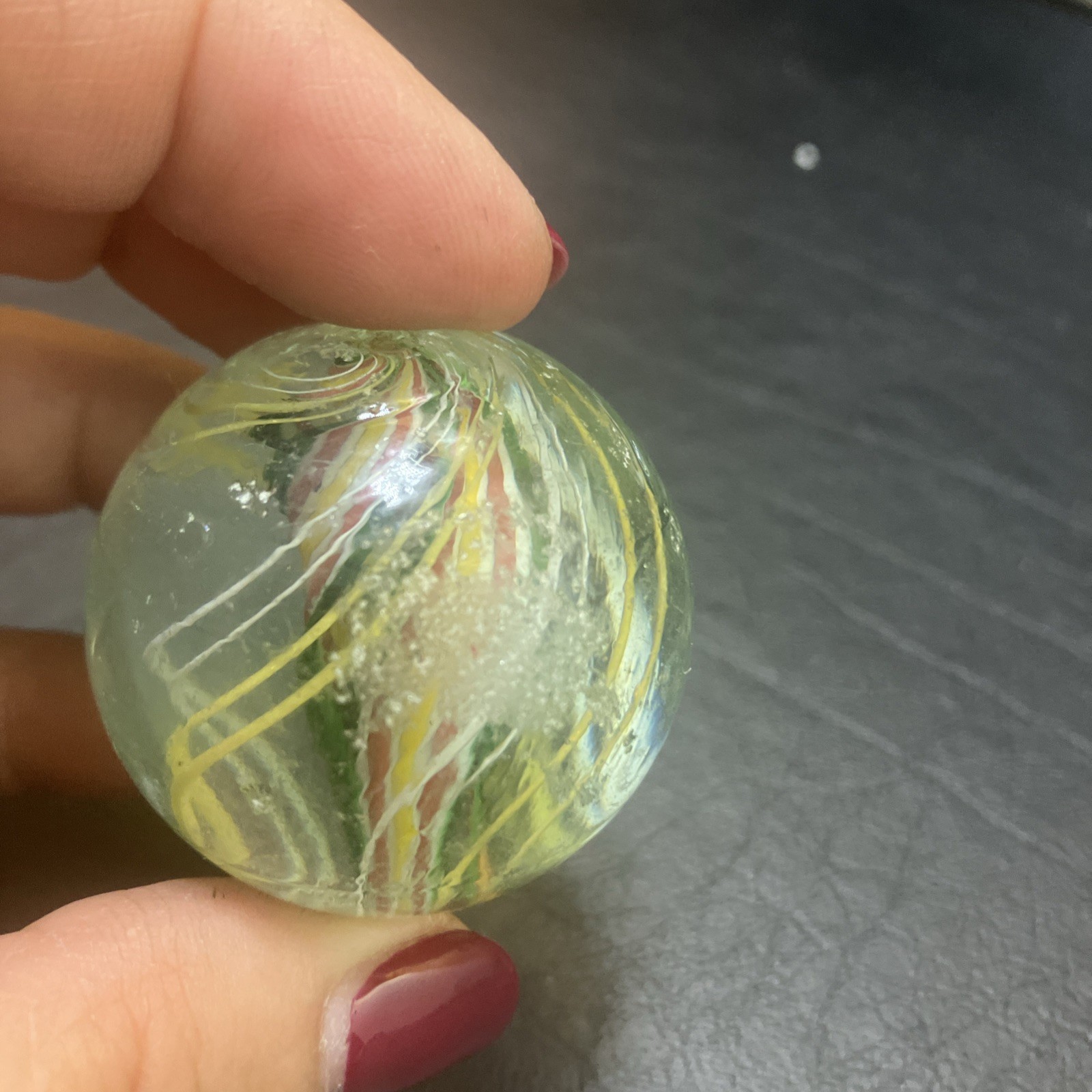German Handmade Ribbon-Core Swirl Marble ~23mm Multicolor w/ White Cage (1As)