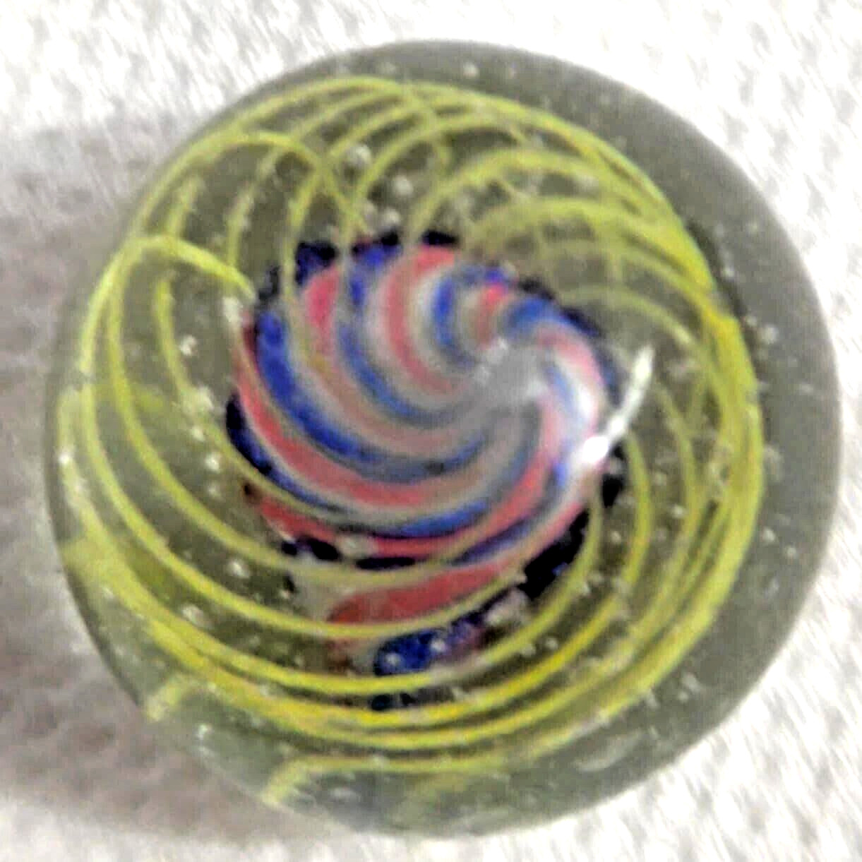 OLD 2 TOY MARBLES multi colored solid core caged 1 tri level ,2 blue base glass
