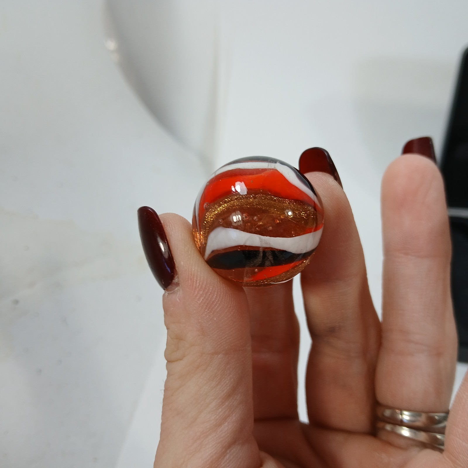 Red White Black Gold banded swirl 1″ Shooter Hot House? Glass Marble Lampwork