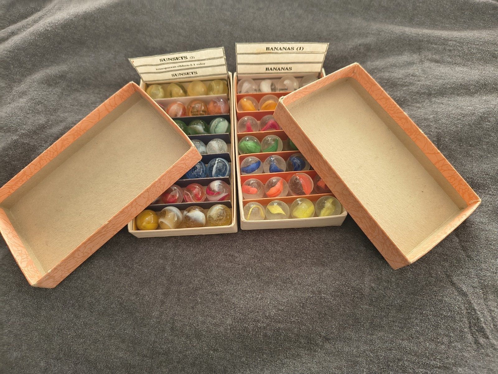 Two Rare Original Peltier Glass Co. Jobber Box Sets Rainbo And Banana Marbles
