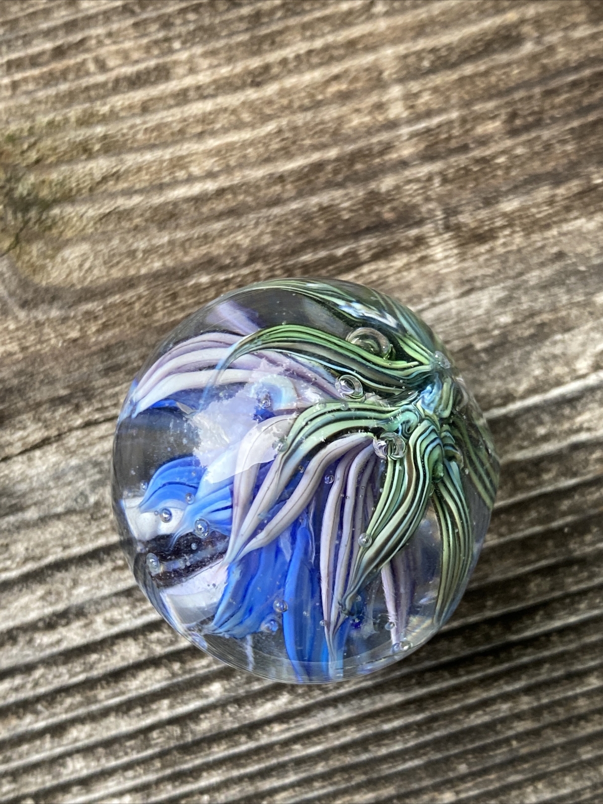 Blue Tiny Paper Weight Full Bloom Floral Murrini Handmade Glass Marble