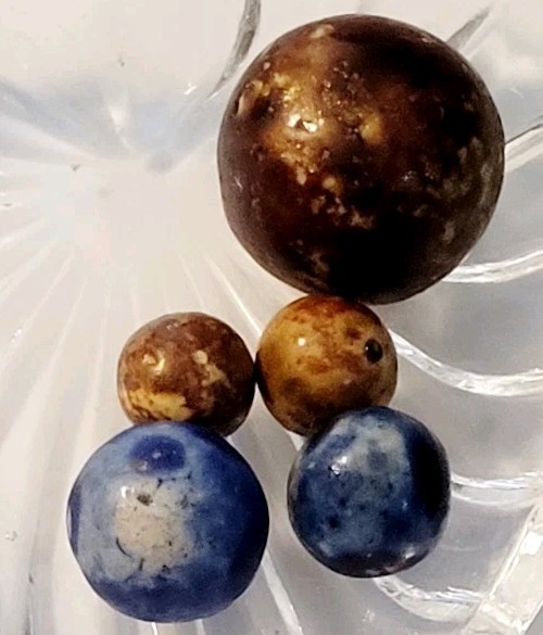 5 Early German Hand Made Marbles, Brown & Blue