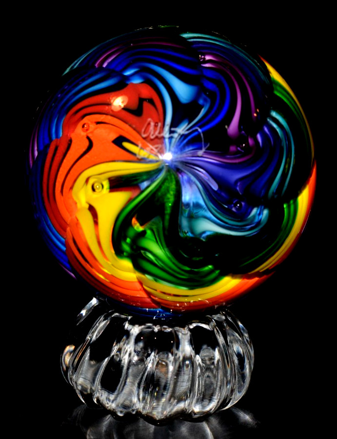 JAMES ALLOWAY GLASS MARBLE/2.743″-RAELYNBOW #63-10 COLOR RAINBOW-WORLDWIDE FAST