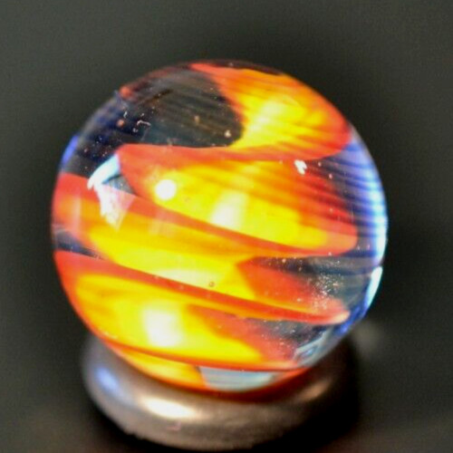 BRYAN TRILLAS GLASS MARBLE/.758″-BLUE BLACKLIGHT FIERY CORKSCREW-GOLDENROD,ORG+
