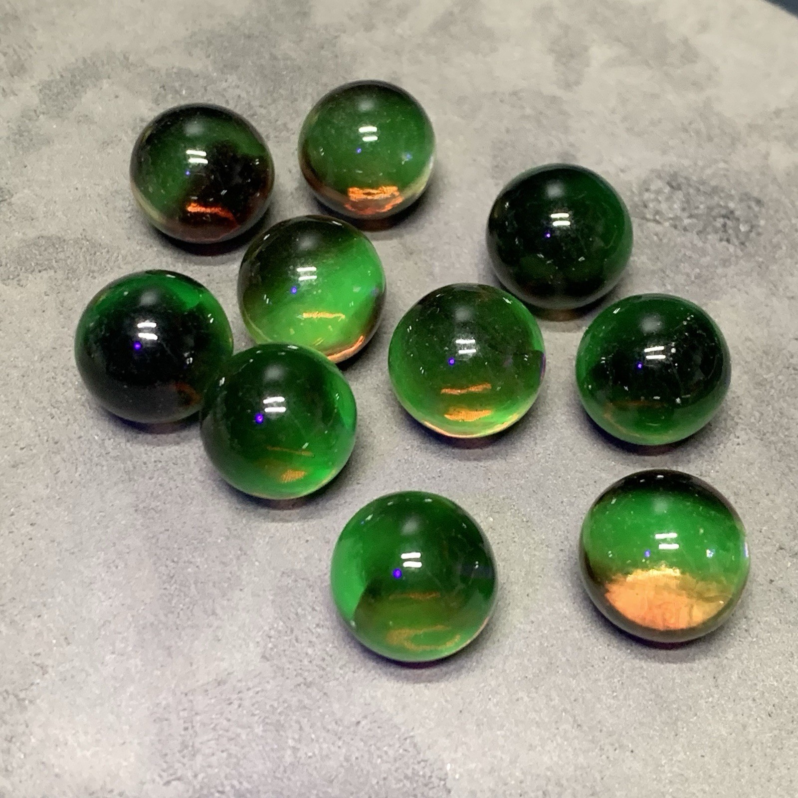 Brown Swirl Vaseline Glass Uranium Glass Marbles UV Glow, 5/8” 15mm Lot Of 10.