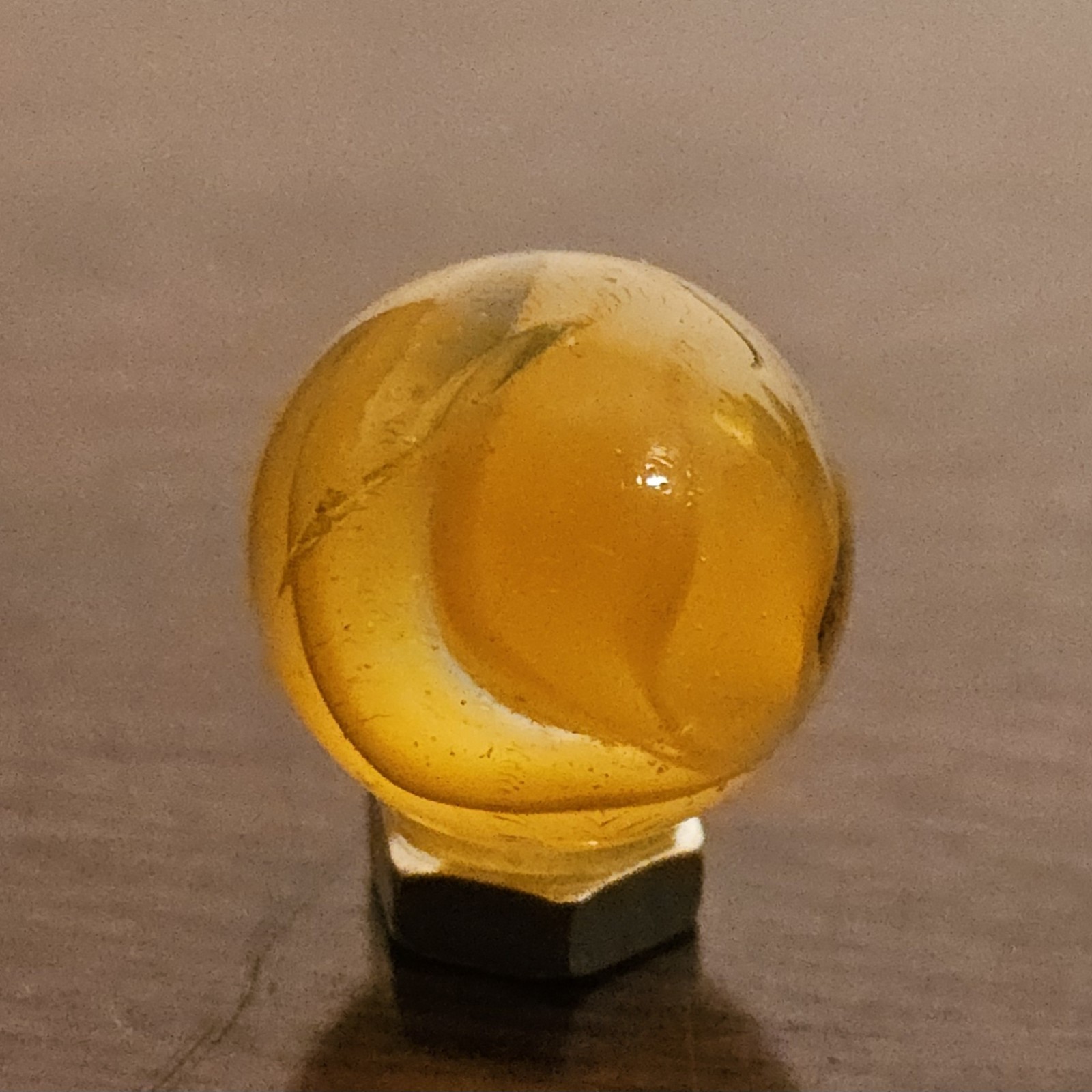 C E Bogard Orange Cadmium Glow 6 Lobe Cats Eye Clear Glass Marble