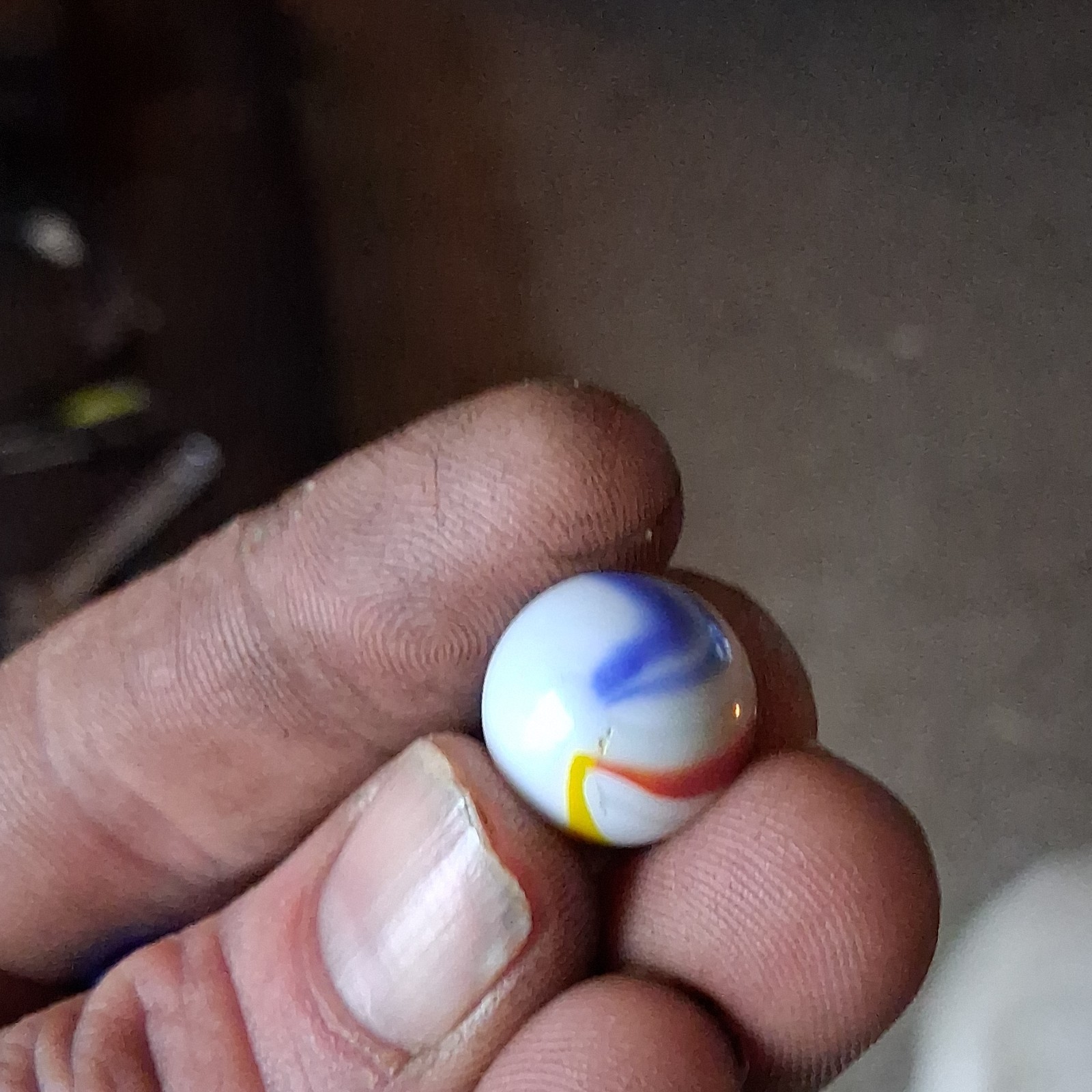 White Swirl Machine Made Toy Marble with Red, Yellow, Blue Accents for Ages 8-17